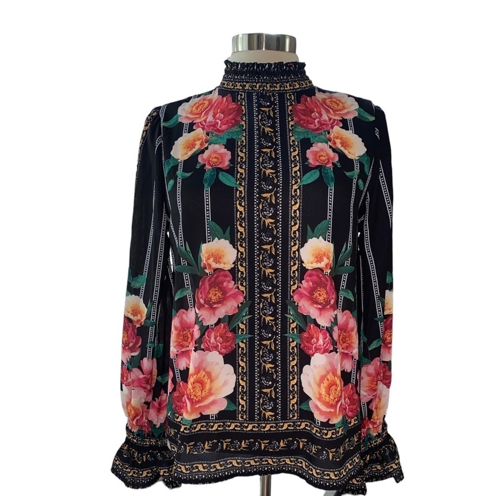 Jealous Tomato blouse floral print ruffled high neck and wrists keyhole Sz Small